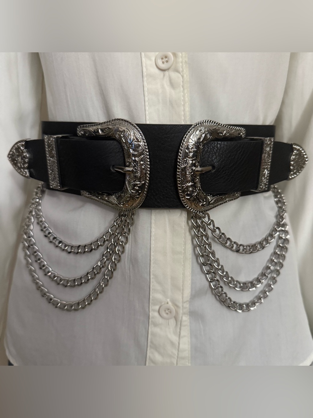 Black PU leather silver tone double buckle detail elastic waistband belt